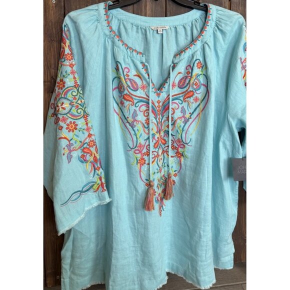 John Mark Tunic Top Turquoise Linen Embroidered Nwt Tassel 3/4 Sleeve 2X - Picture 2 of 13